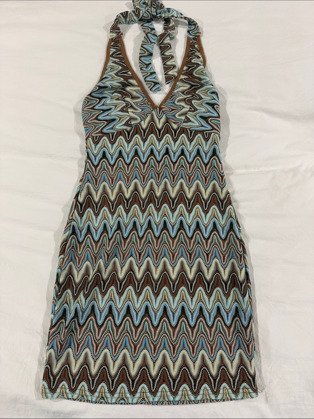 Windsor Halter Mini Dress in Brown, Light Blue and Cream
